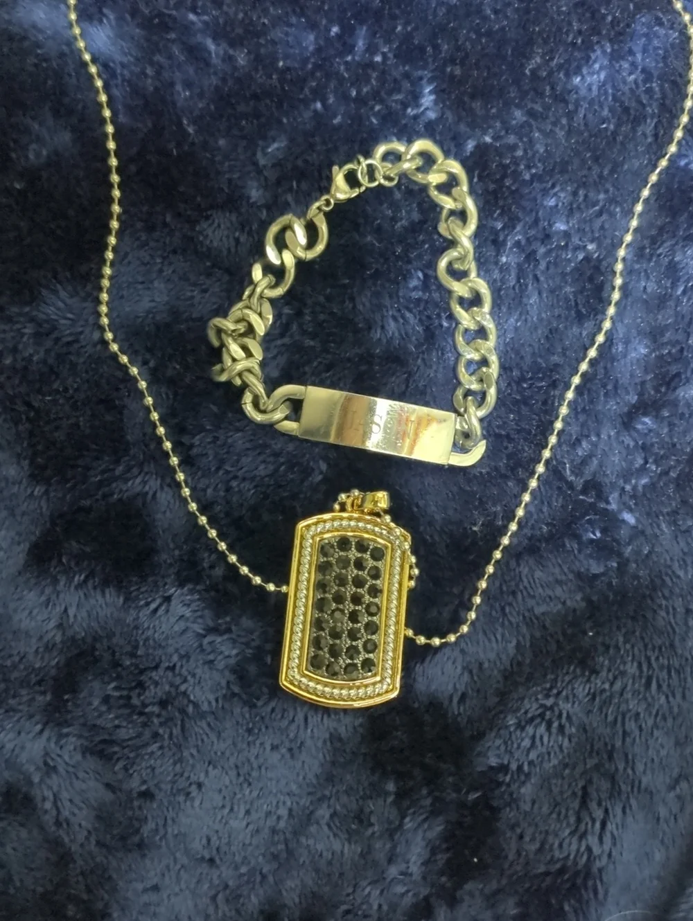 Gold-Tone Black Pavé Dog Tag Necklace and Chain Bracelet Set(Jason In Both)